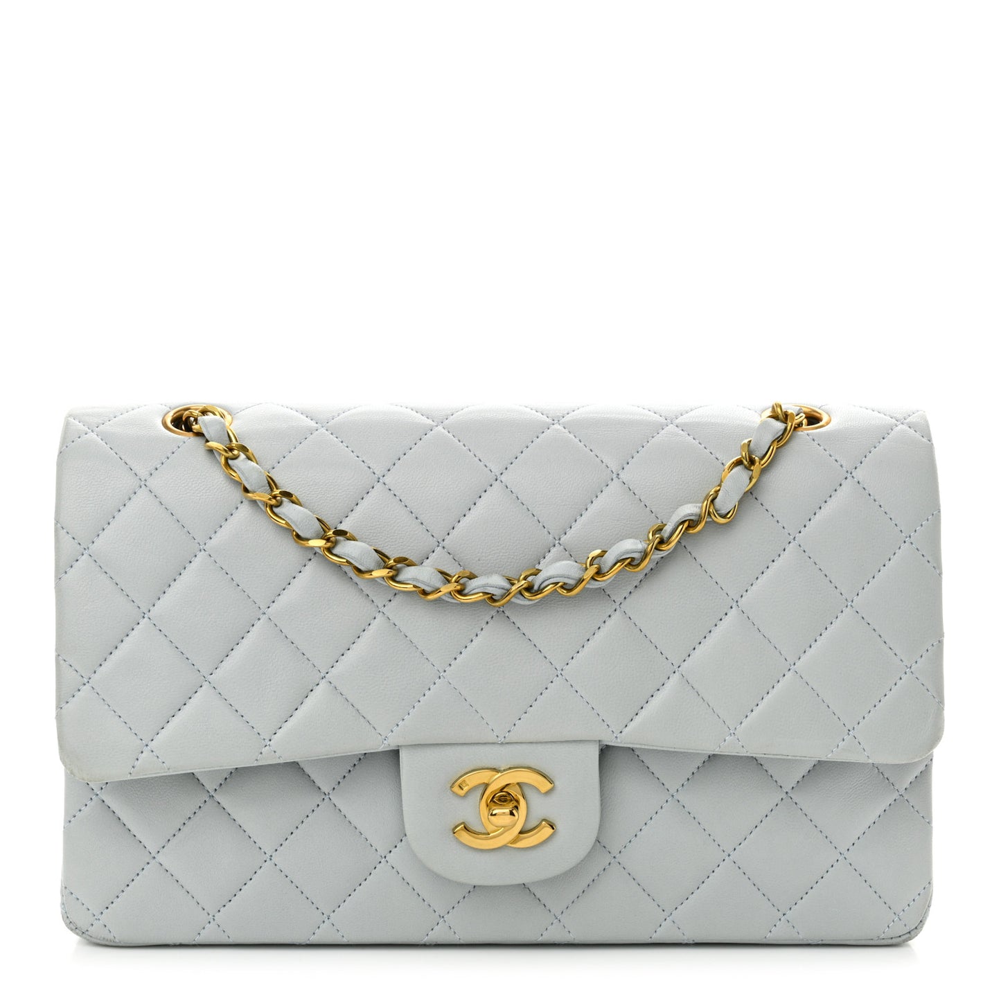 Lambskin Quilted Medium Double Flap Light Blue