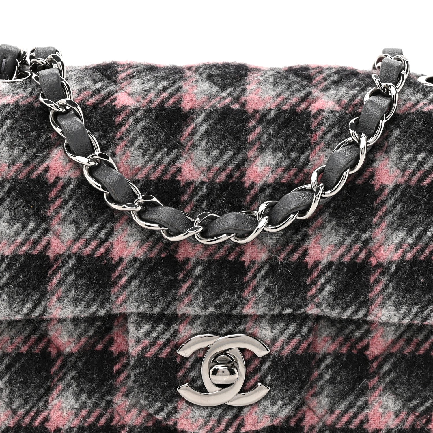 Chanel Wool Plaid Quilted Mini Rectangular Flap Pink Grey