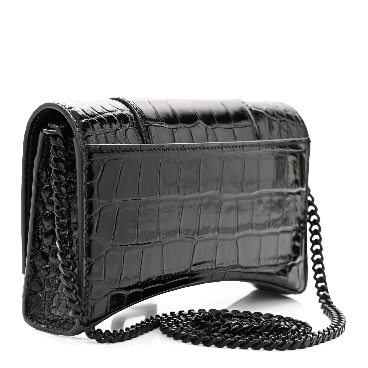 Shiny Calfskin Monochrome Crocodile Embossed Hourglass Chain Bag Black