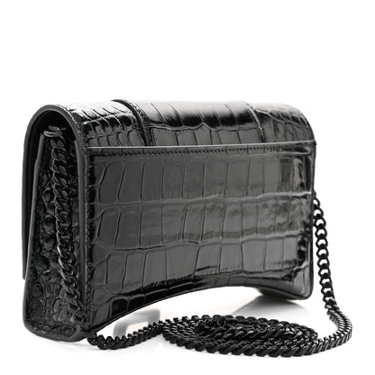 Balenciaga Shiny Calfskin Monochrome Crocodile Embossed Hourglass Chain Bag Black 3 of 11