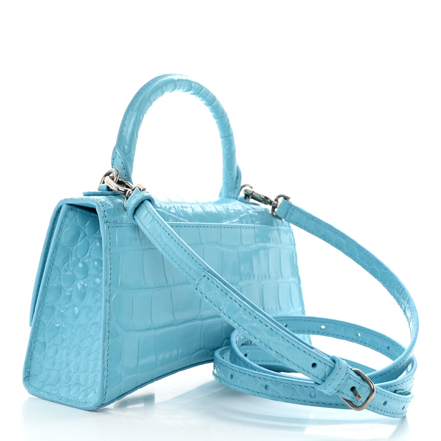 Shiny Calfskin Crocodile Embossed Hourglass Top Handle Bag XS Azur