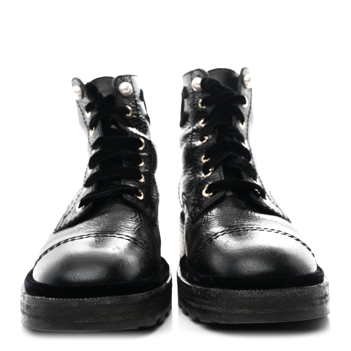 Shiny Calfskin Velvet Pearl Combat Short Boots 39 Black