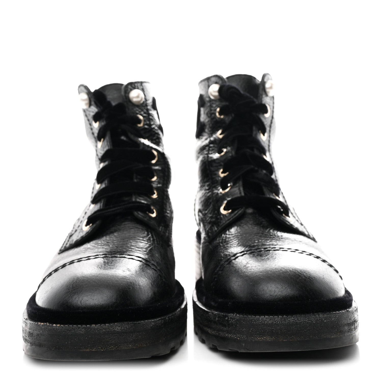 Chanel Shiny Calfskin Velvet Pearl Combat Short Boots 39 Black 3 of 9