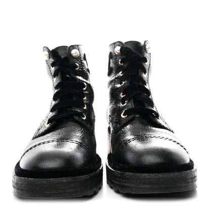 Chanel Shiny Calfskin Velvet Pearl Combat Short Boots 39 Black 3 of 9