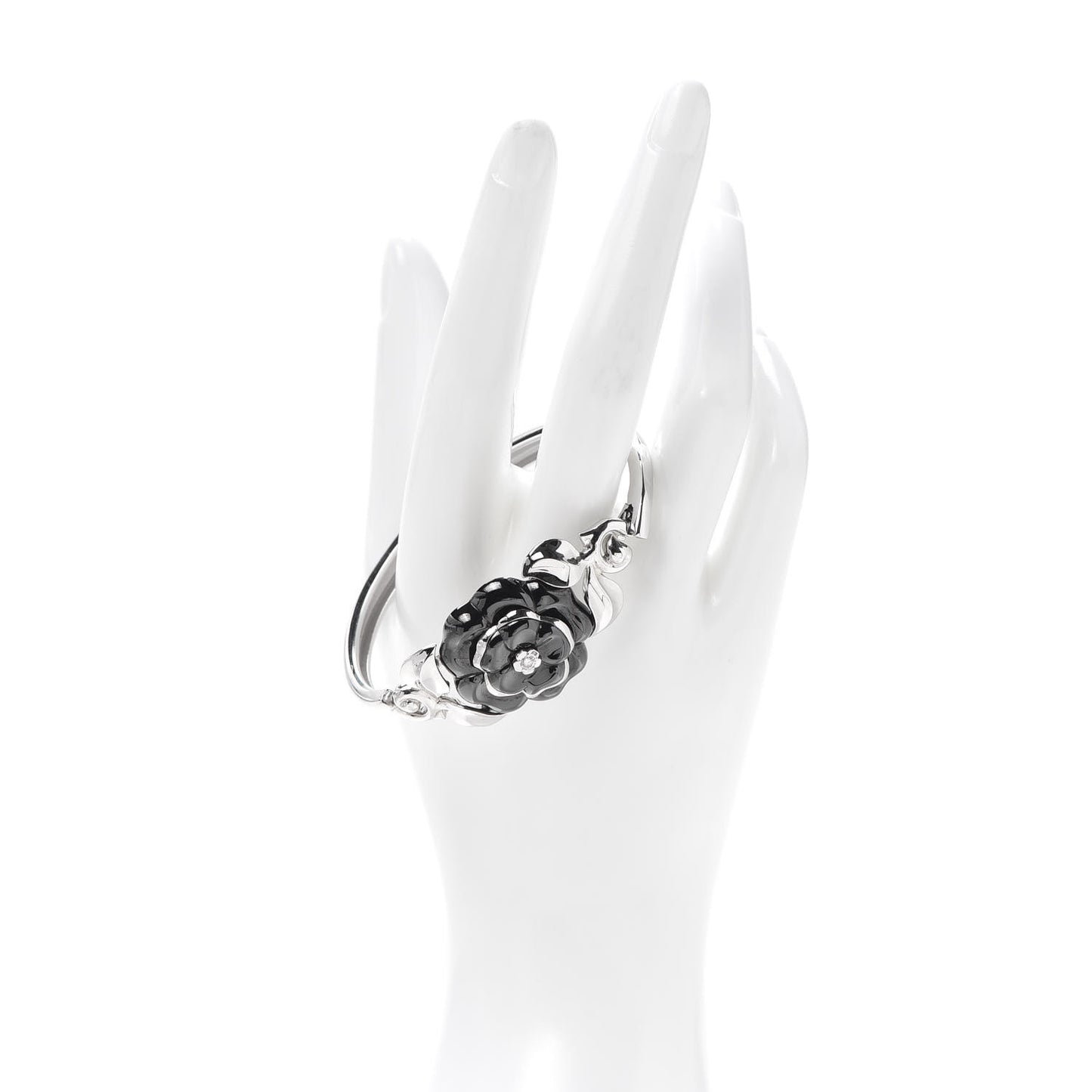 18K White Gold Black Ceramic Diamond Camelia Bangle Bracelet