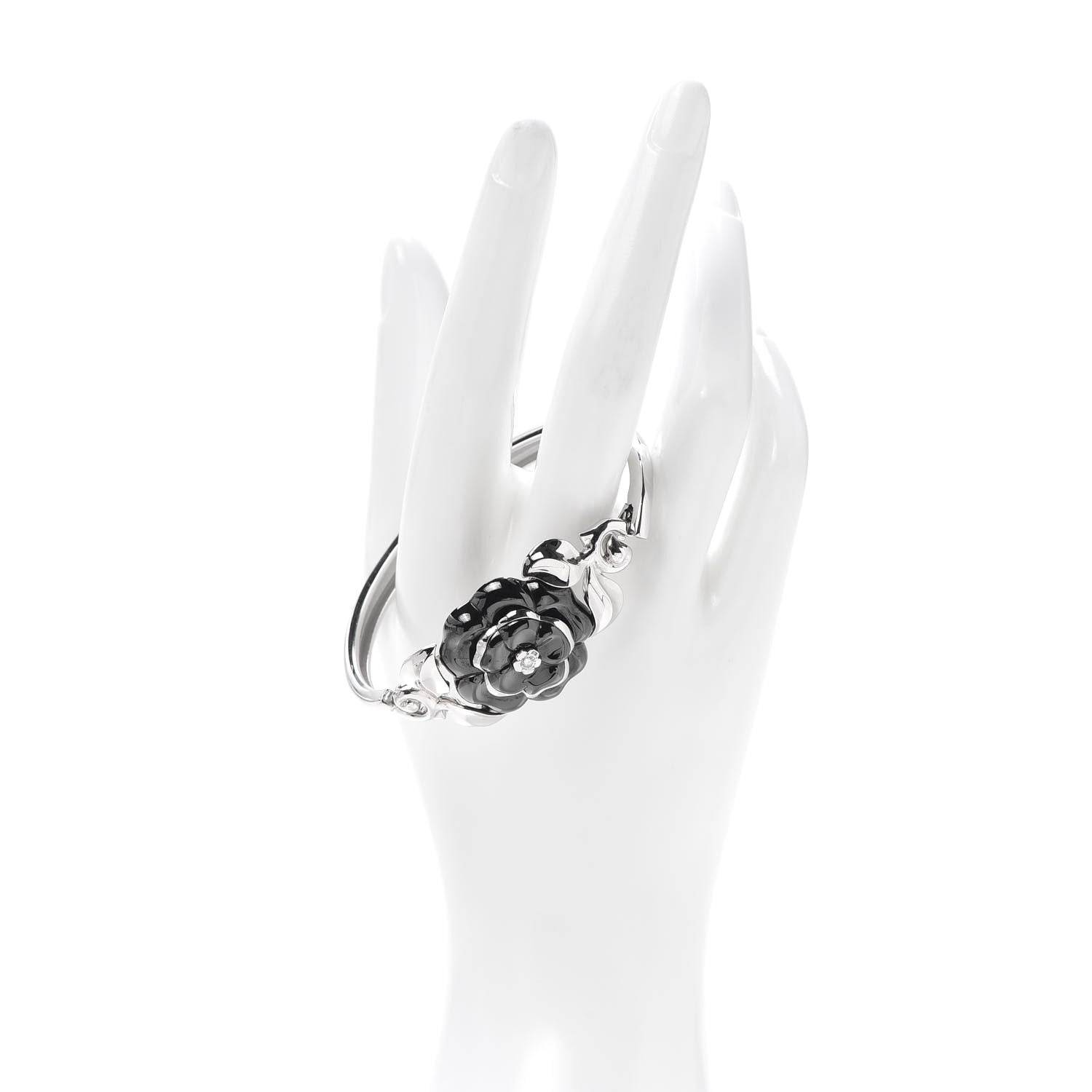 Chanel 18K White Gold Black Ceramic Diamond Camelia Bangle Bracelet 2 of 7