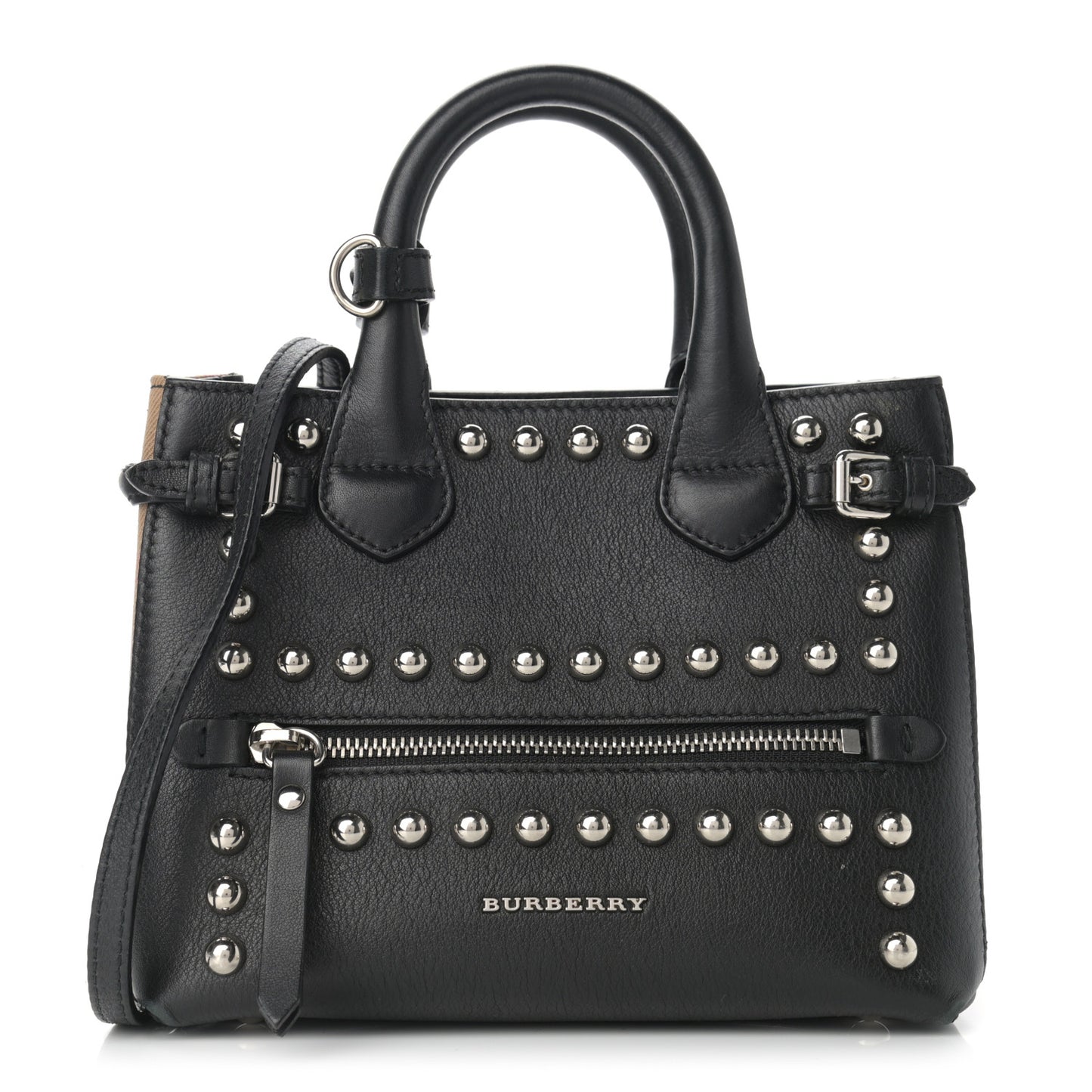 Pebbled Calfskin House Check Studded Baby Banner Tote Black