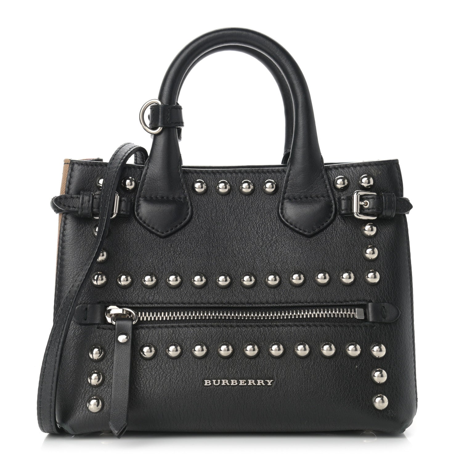 Burberry Pebbled Calfskin House Check Studded Baby Banner Tote Black 1 of 14