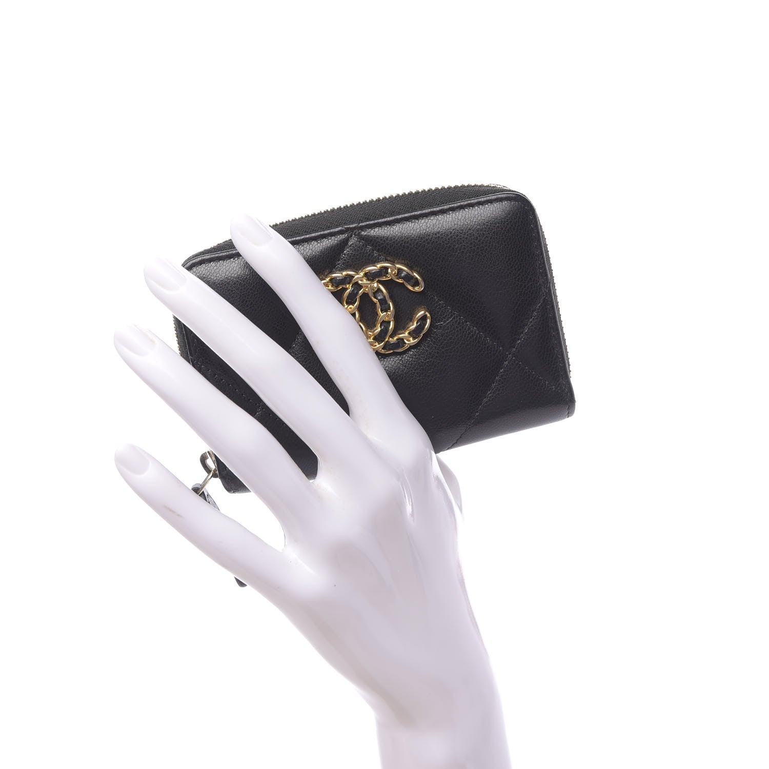 Chanel Shiny Goatskin Quilted Chanel 19 Zip Around Coin Purse Wallet Black 2 of 8