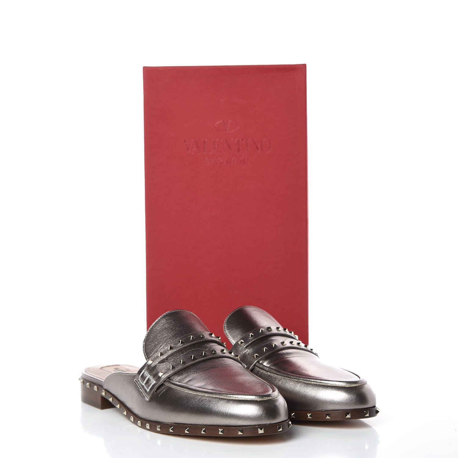 Valentino Garavani Metallic Lambskin Soul Rockstud Flat Mules 40 Silver 9 of 9