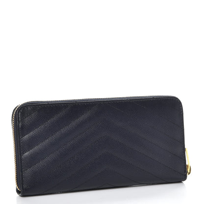Saint Laurent Grain De Poudre Matelasse Chevron Monogram Zip Around Wallet Deep Marine 3 of 9