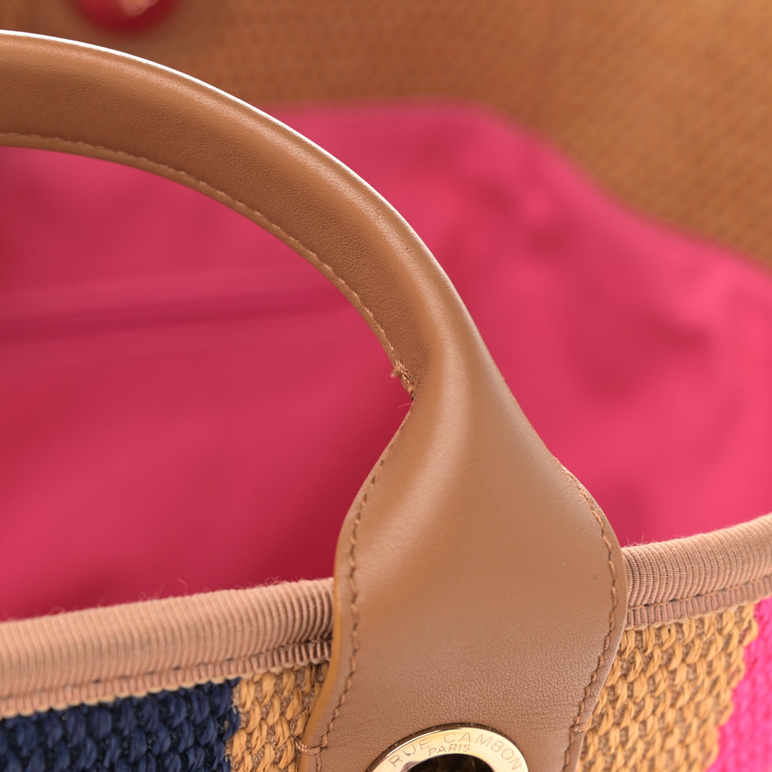 Chanel Straw Raffia Calfskin Striped Medium Deauville Tote Dark Beige Fuchsia Navy Blue 12 of 12