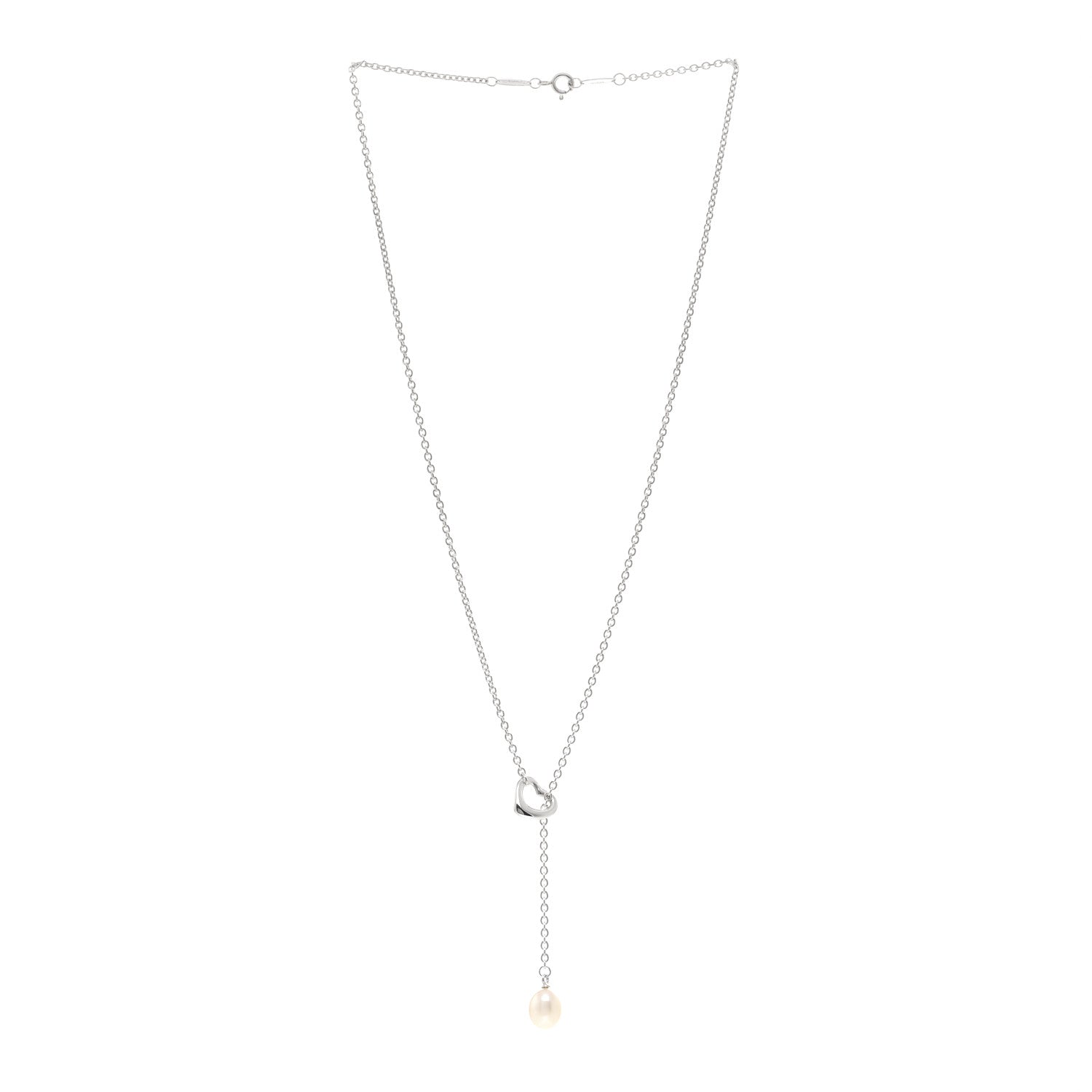 Tiffany Sterling Silver Pearl 7.5-8mm Elsa Peretti Open Heart Lariat Necklace 3 of 4
