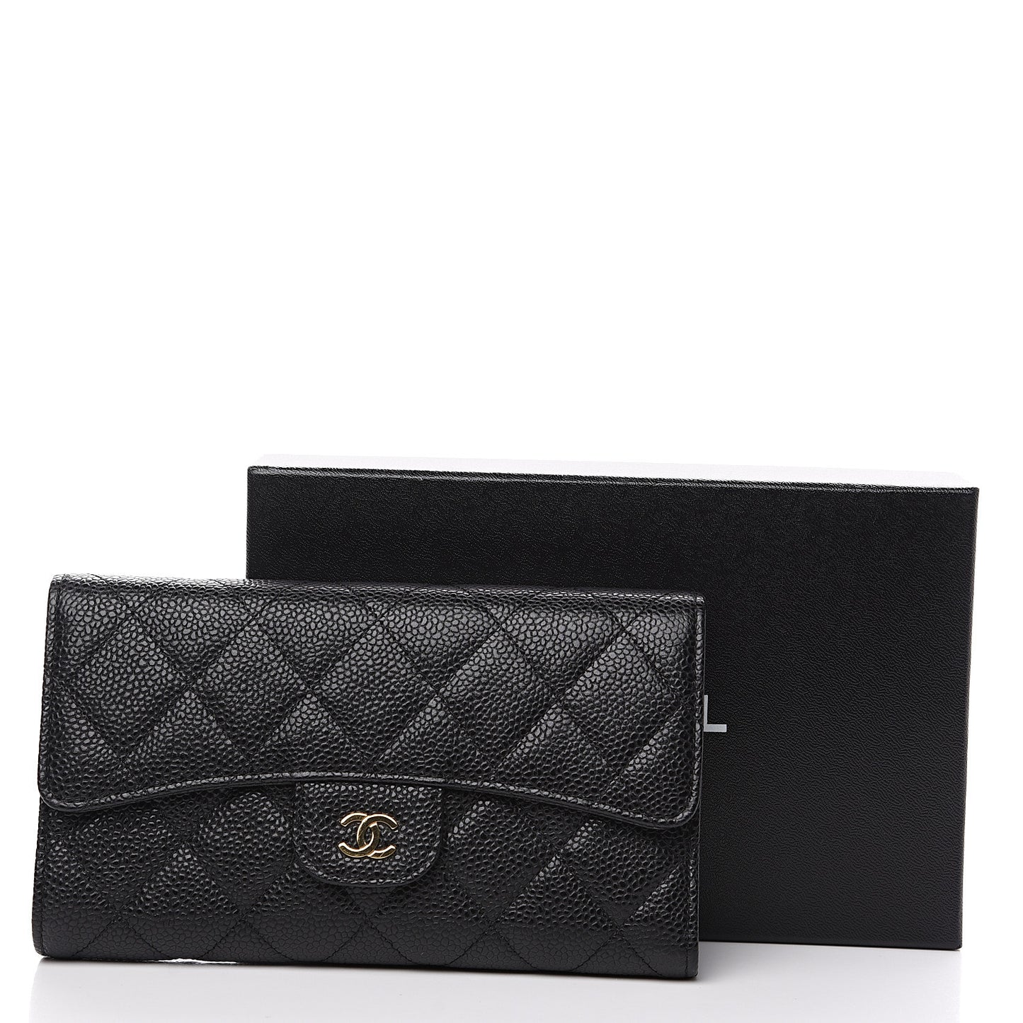 Caviar Quilted Long Flap Wallet Black
