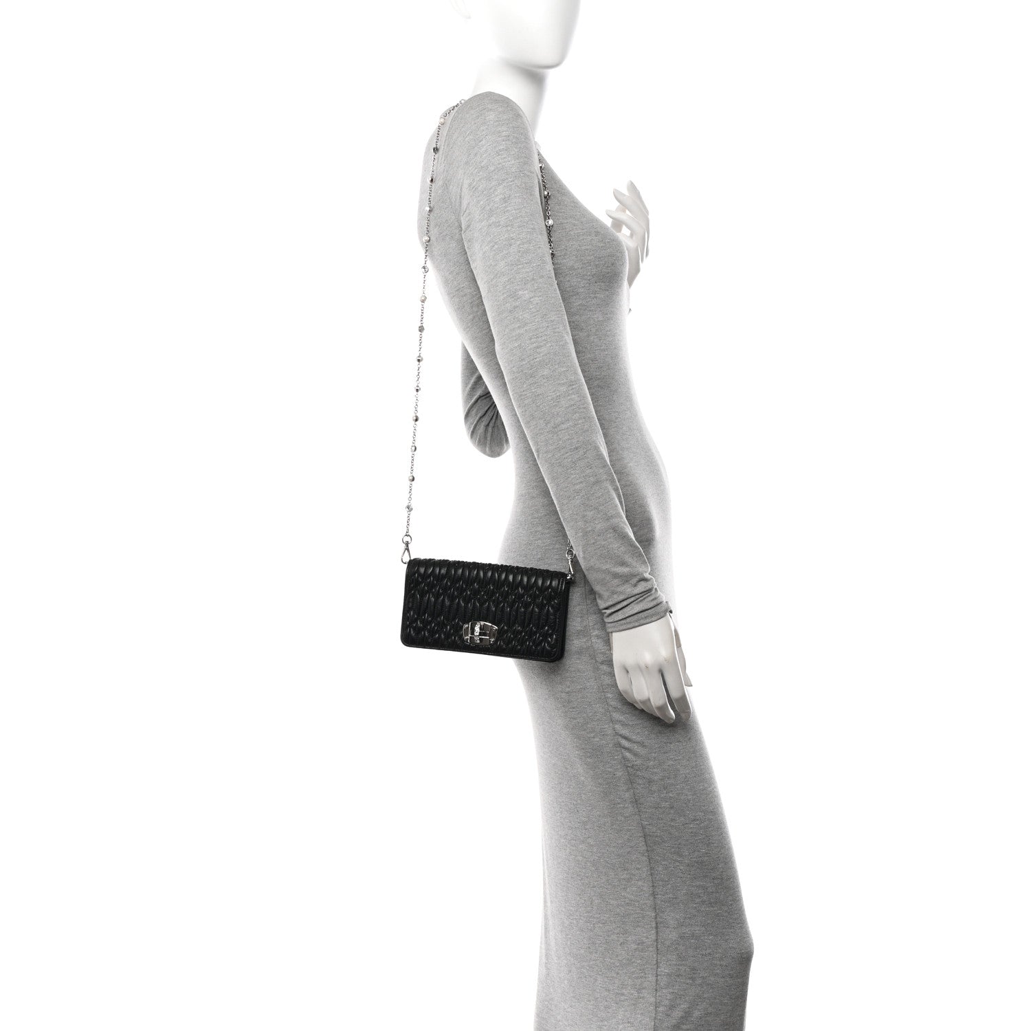 Miu Miu Nappa Matelasse Crystal Chain Wallet On Chain Black 2 of 12