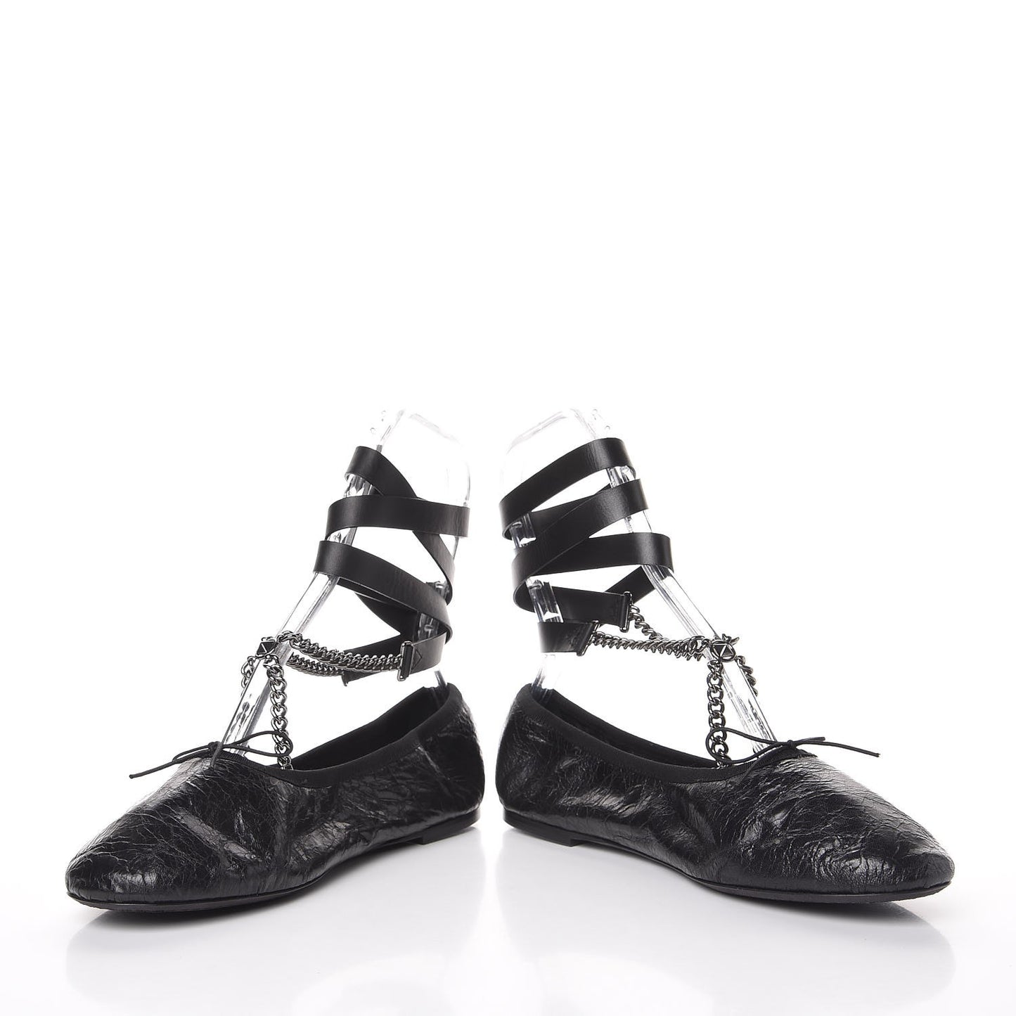Crackled Calfskin Rockstud Chain Ankle Ballerina Flats 39 Black