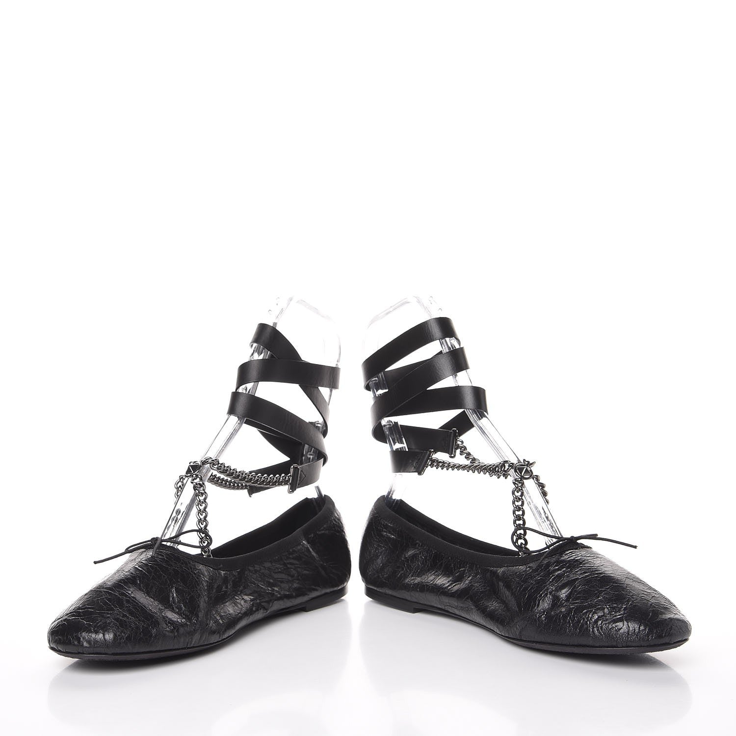 Valentino Garavani Crackled Calfskin Rockstud Chain Ankle Ballerina Flats 39 Black 5 of 14
