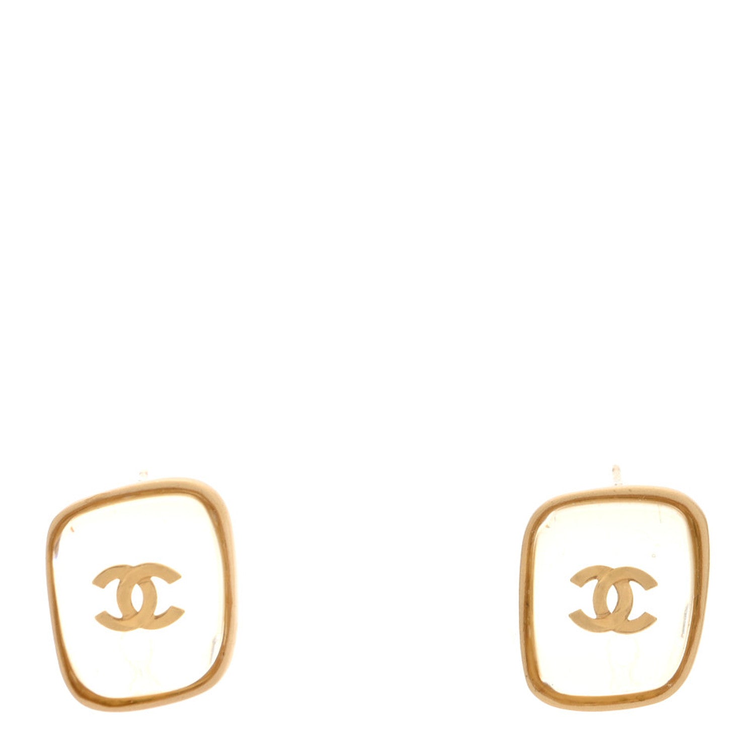 Chanel Metal Resin CC Rectangular Earrings Gold Transparent 1 of 4