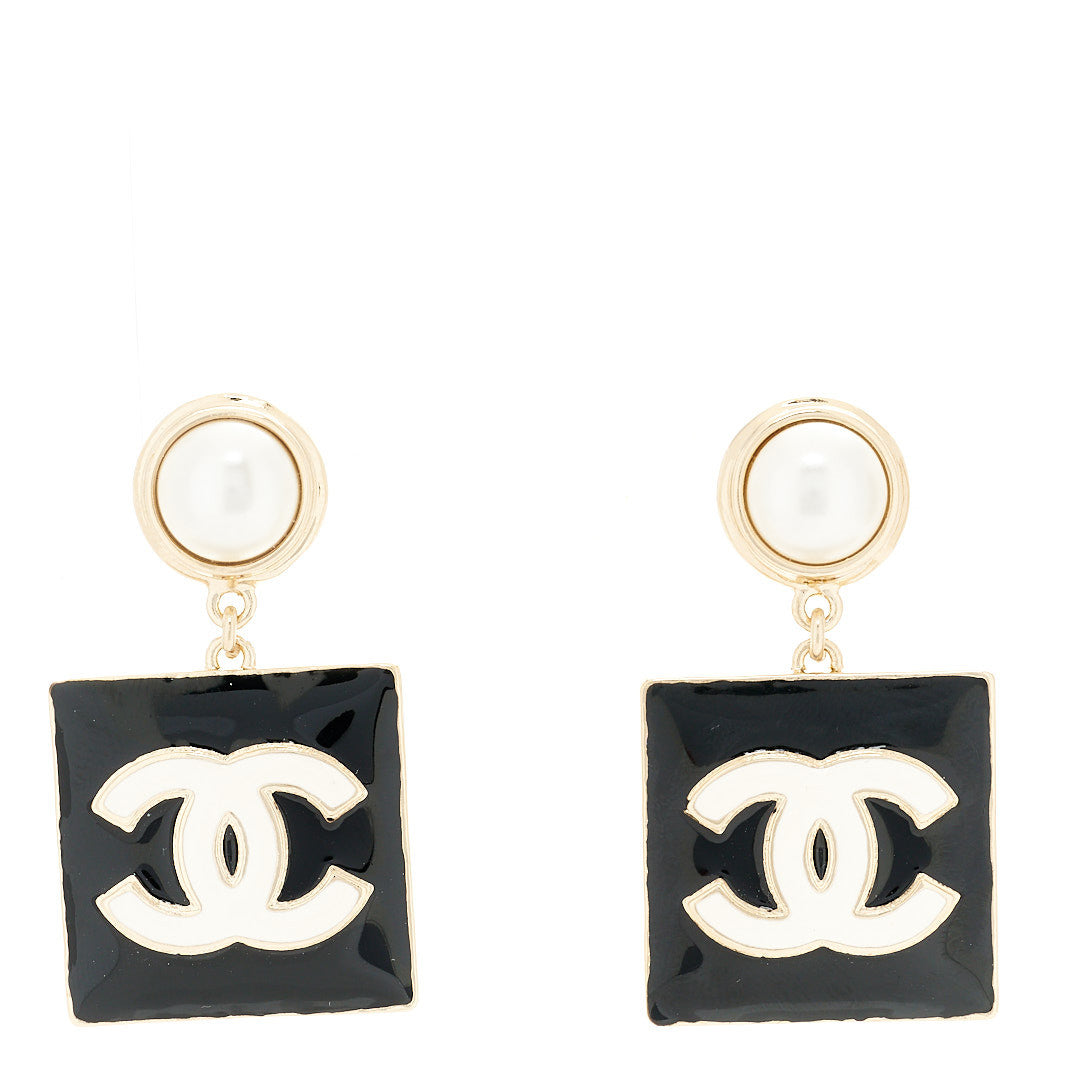 Metal Enamel Pearl Square CC Drop Earrings Gold Black White