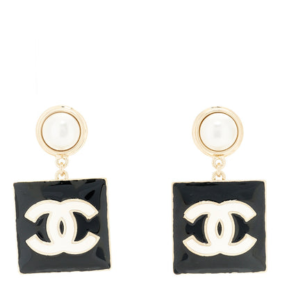 Chanel Metal Enamel Pearl Square CC Drop Earrings Gold Black White 1 of 5