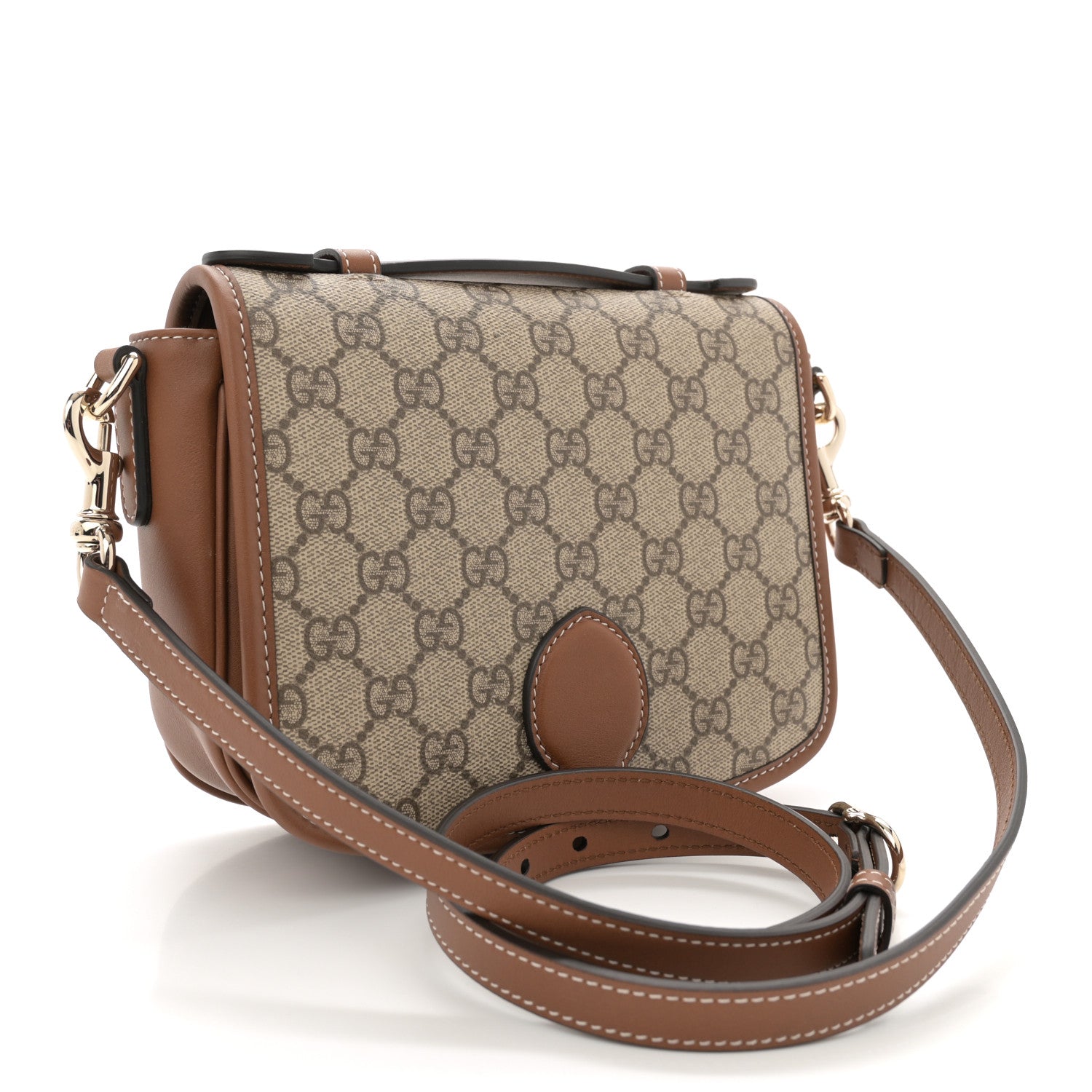 Gucci GG Supreme Monogram Textured Calfskin Emblem Mini Shoulder Bag Beige Dark Brown 3 of 10