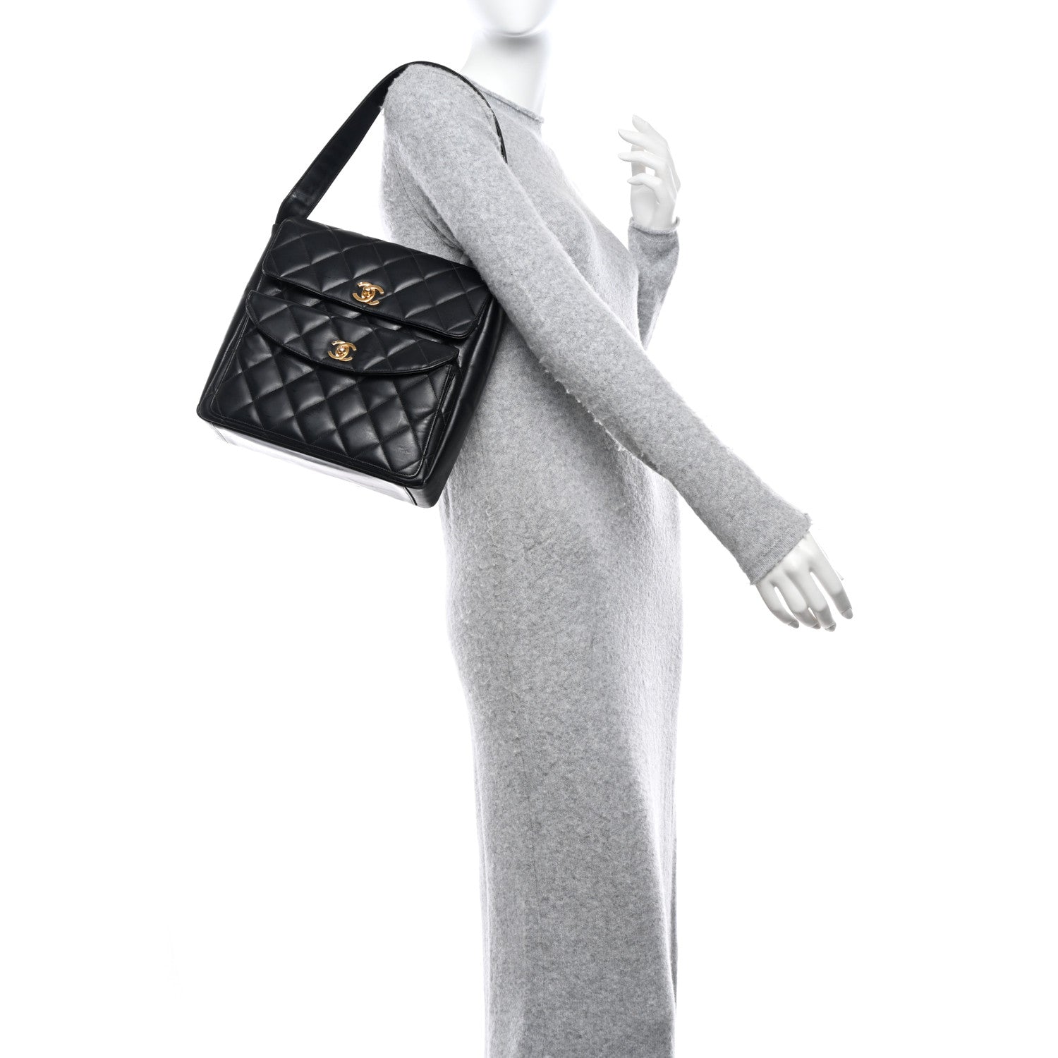 Chanel Lambskin Quilted Double Pocket Shoulder Bag Black 2 of 14