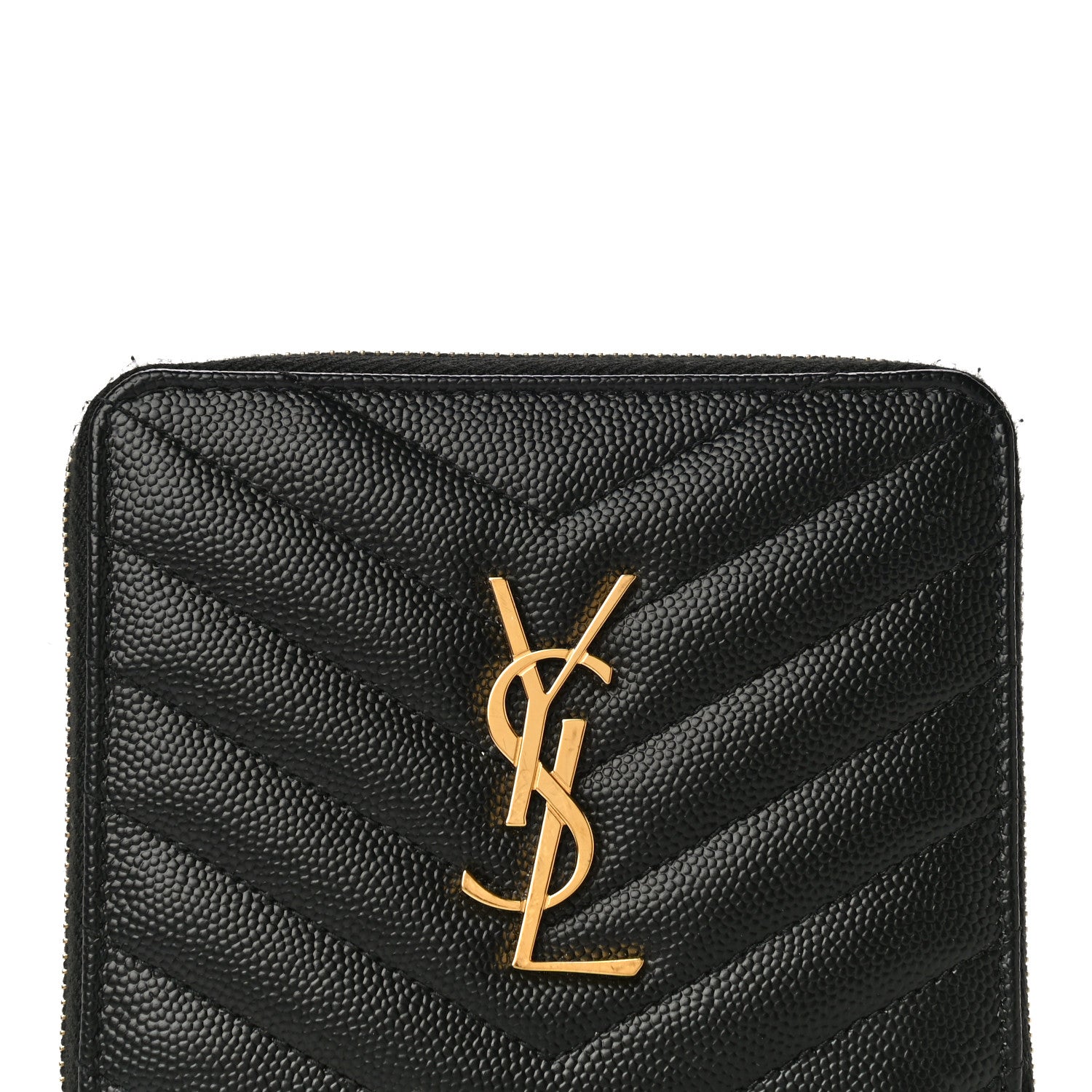 Saint Laurent Grain De Poudre Matelasse Chevron Monogram Compact Zip Around Wallet Black 7 of 21