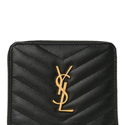 Saint Laurent Grain De Poudre Matelasse Chevron Monogram Compact Zip Around Wallet Black 7 of 21
