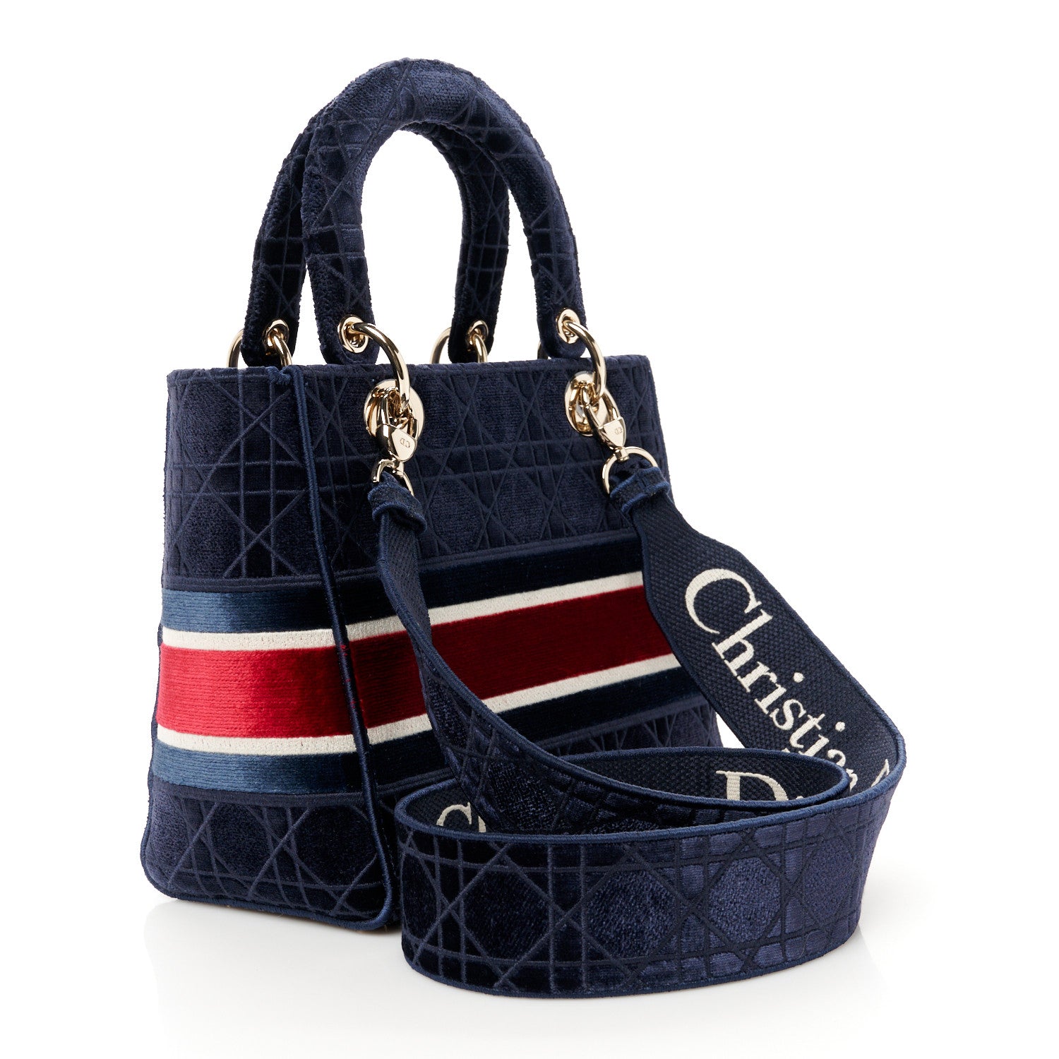 Christian Dior Velvet Cannage Medium Lady D-Lite Blue Red White 3 of 10