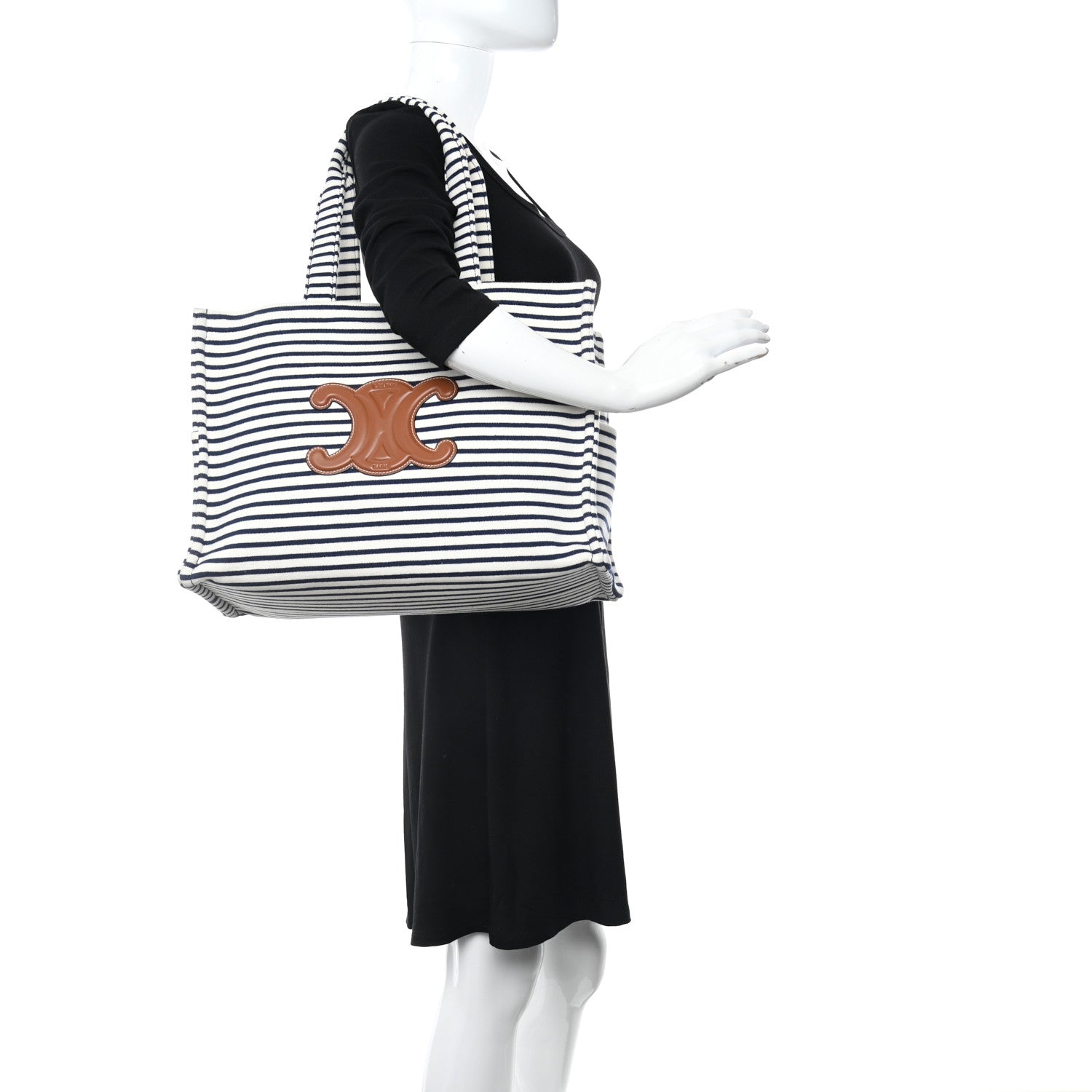 Celine Canvas Calfskin Striped Triomphe Cabas Navy 2 of 9