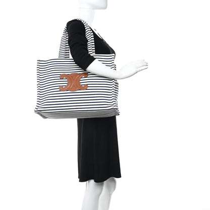 Celine Canvas Calfskin Striped Triomphe Cabas Navy 2 of 9