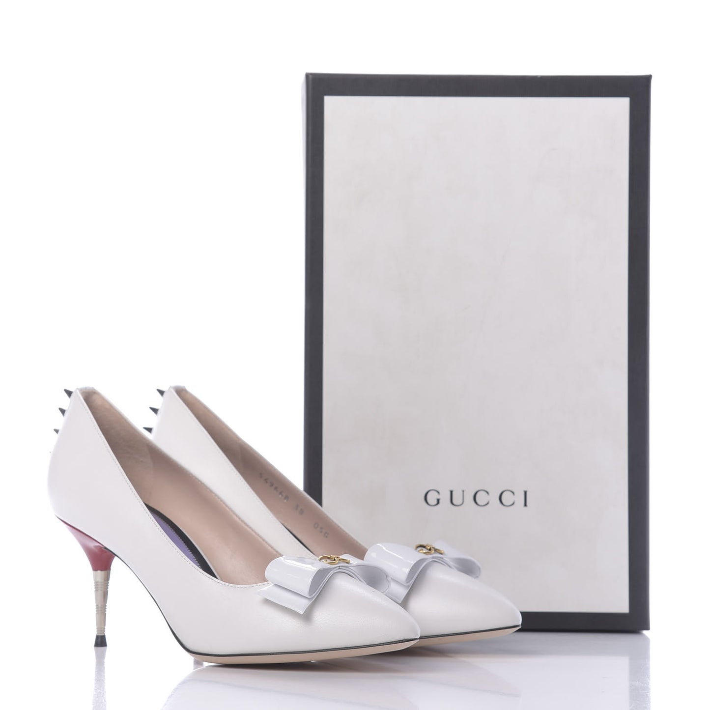 Calfskin GG Bow Sadie Spike Mid Heel Pumps 38 White