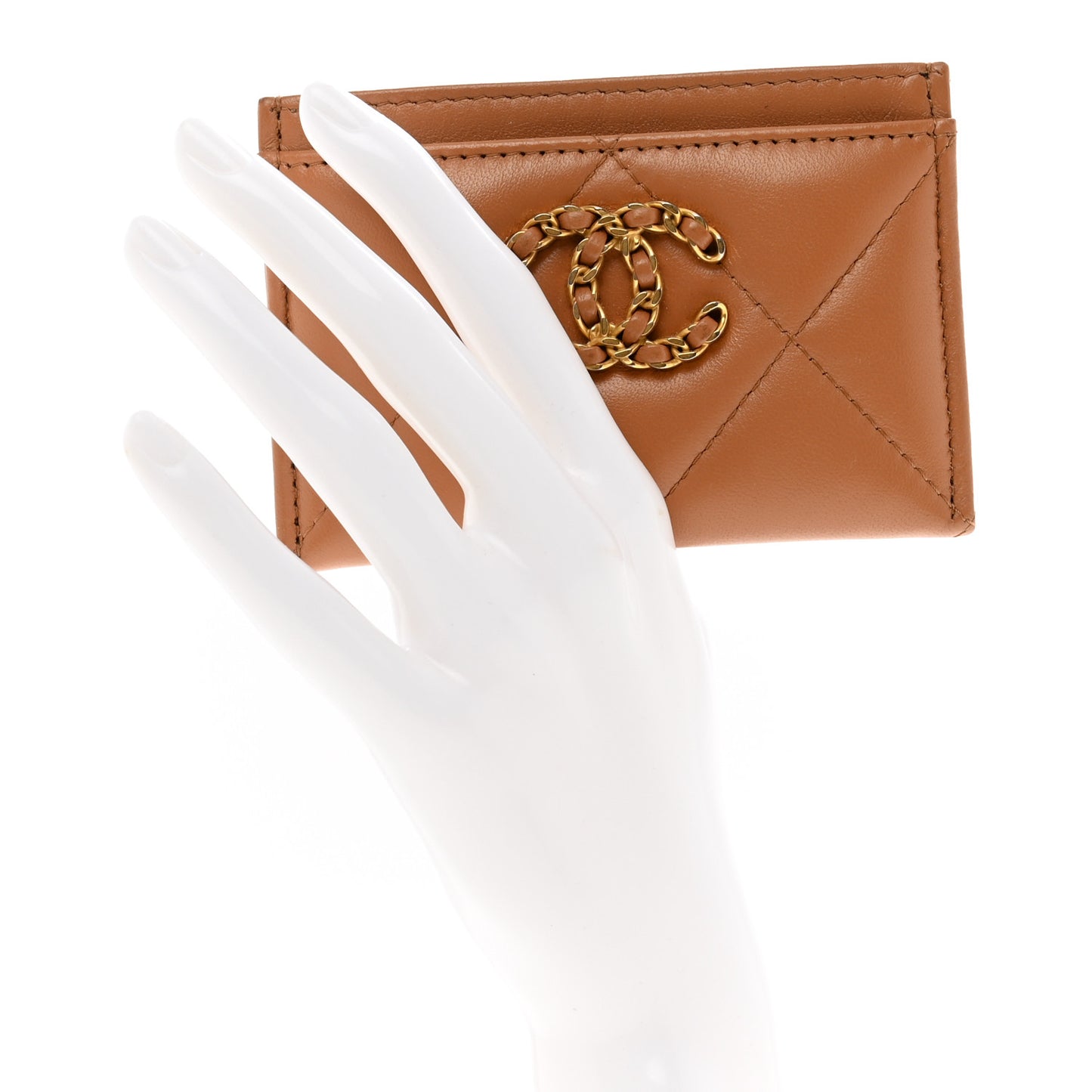 Lambskin Quilted Chanel 19 Card Holder Brown