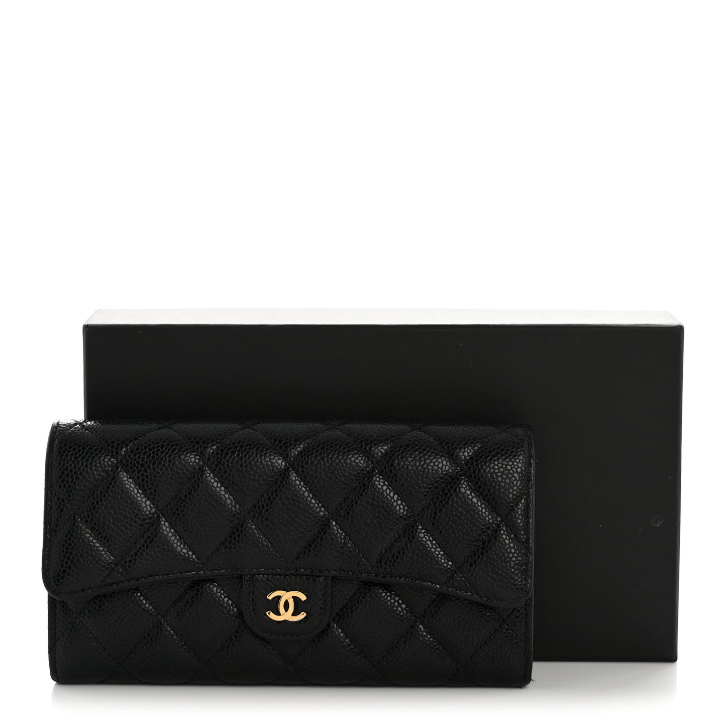 Caviar Quilted Large Gusset Flap Wallet Black