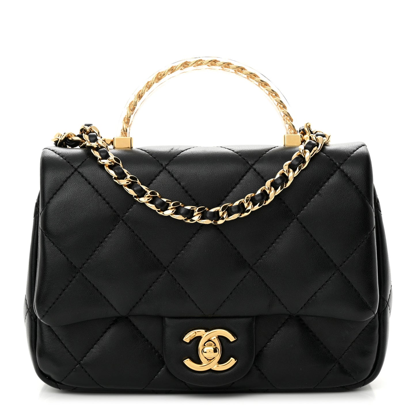 Lambskin Resin Quilted Top Handle Flap Black