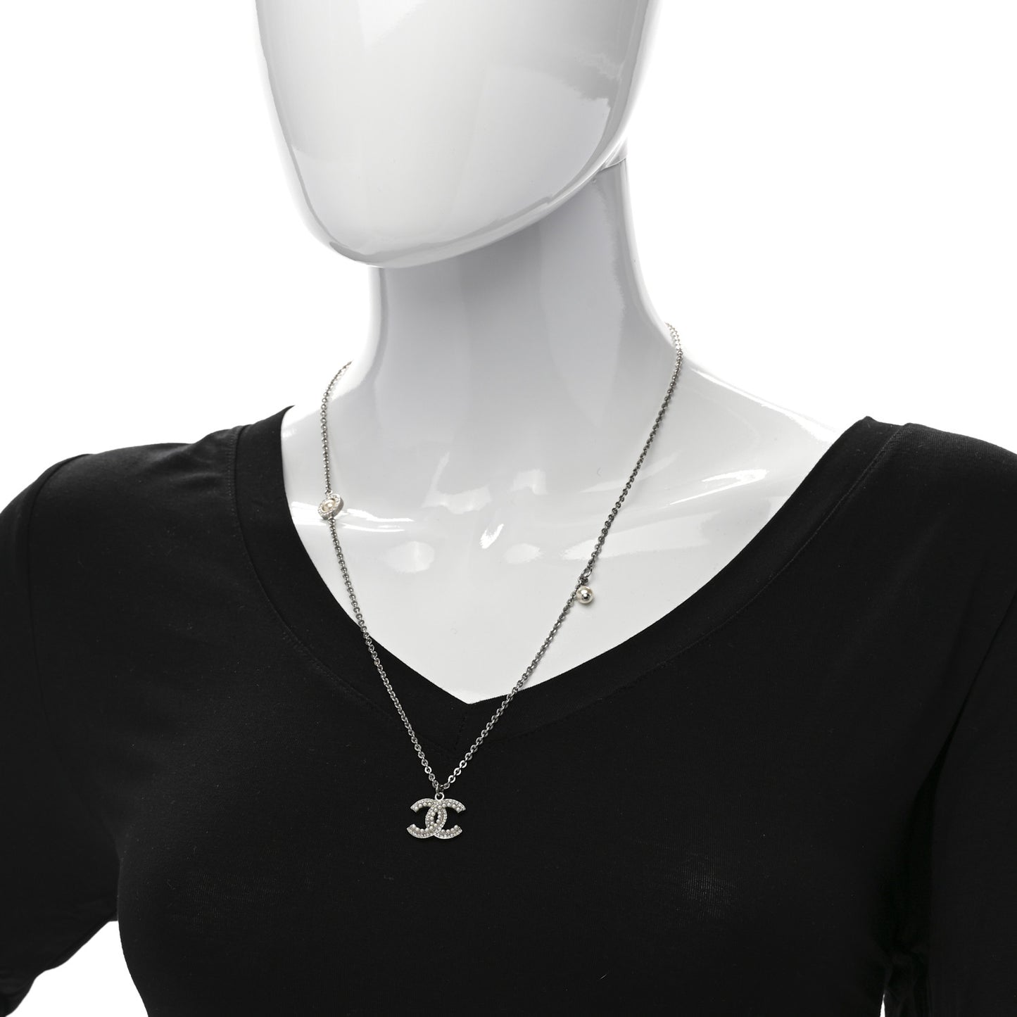 Crystal Pearl CC Pendant Necklace Silver