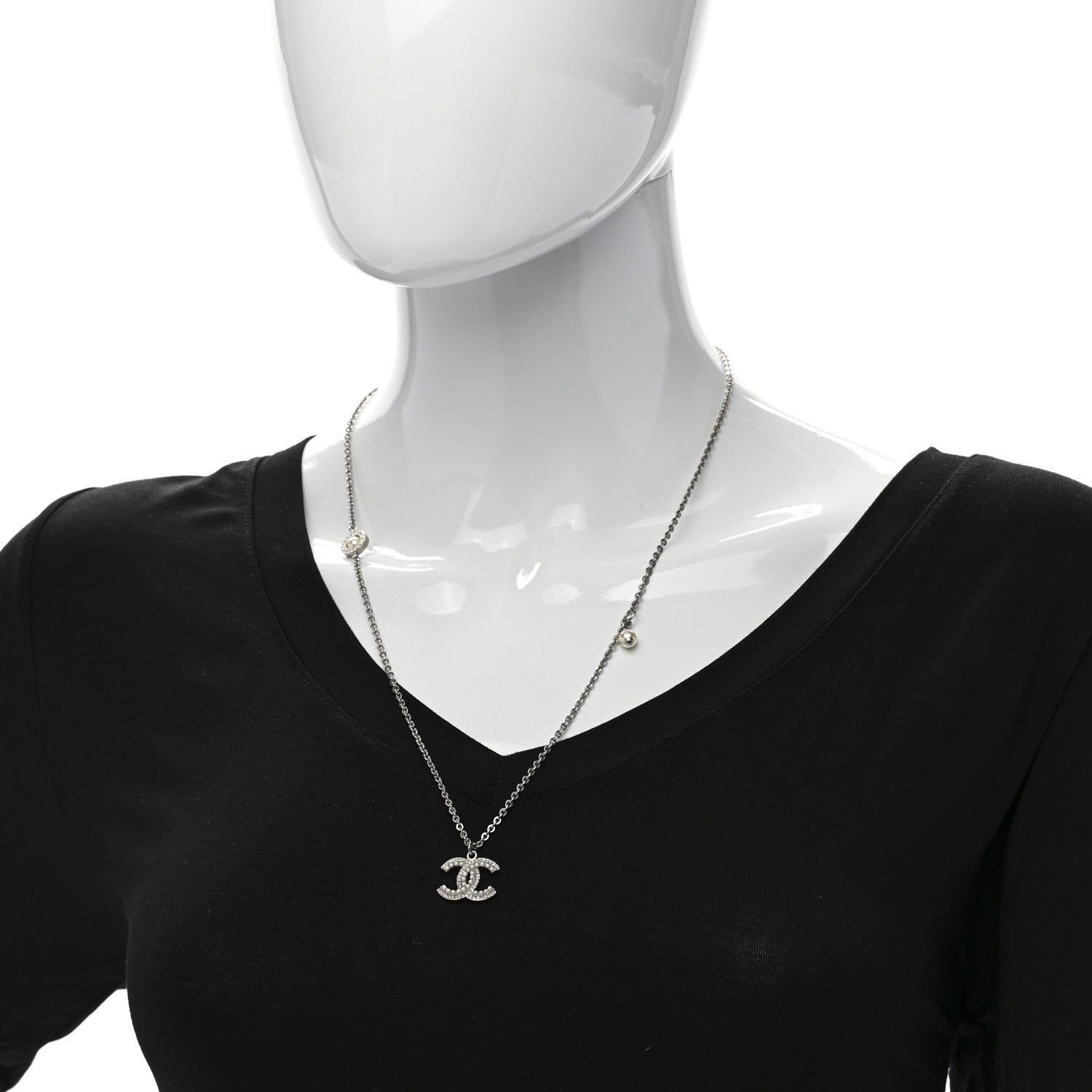 Chanel Crystal Pearl CC Pendant Necklace Silver 2 of 7