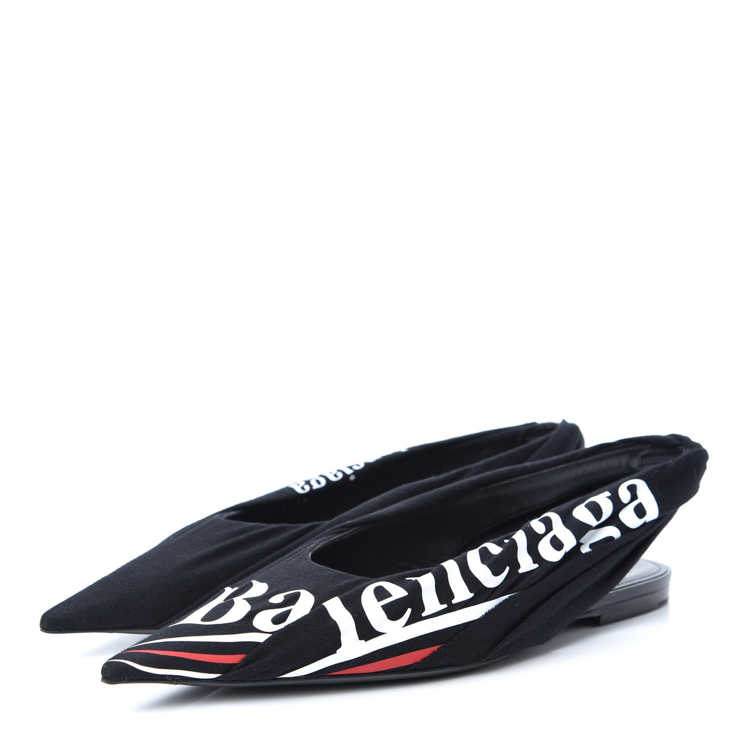 Balenciaga Jersey Crepe Political Campaign Logo Knife Pointed Slingback Flats 38 Black White Rouge 3 of 10