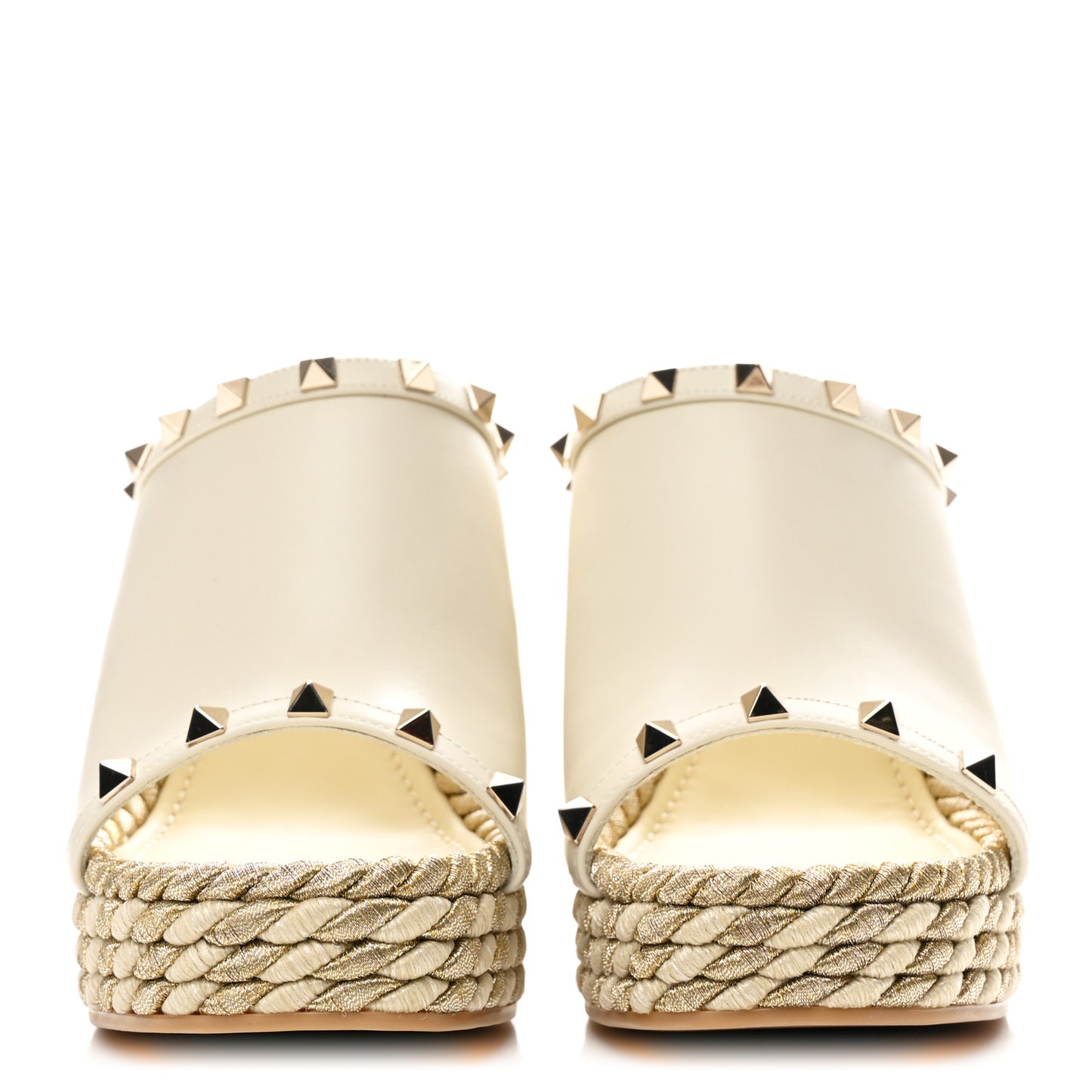 Calfskin Silk Rockstud Torchon Espadrille Wedge 25/115mm Slide Sandals 39 Light Ivory