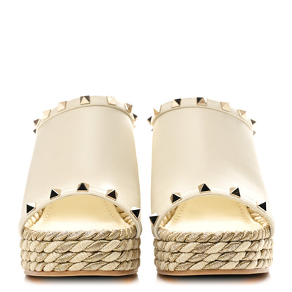 Valentino Garavani Calfskin Silk Rockstud Torchon Espadrille Wedge 25/115mm Slide Sandals 39 Light Ivory 3 of 10