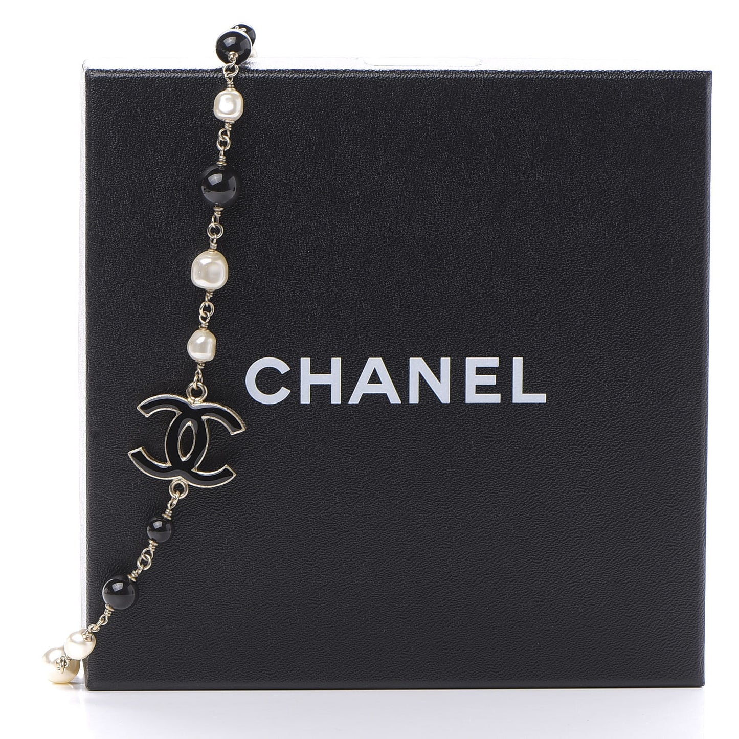 Pearl Beaded Crystal CC Long Necklace Gold Black White