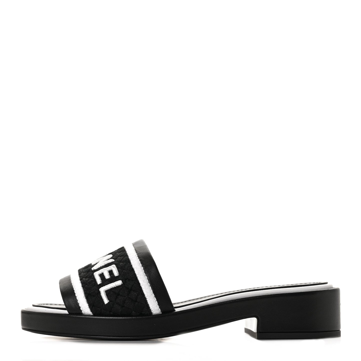 Lambskin Embroidered CC Mule Sandal 38 Black White
