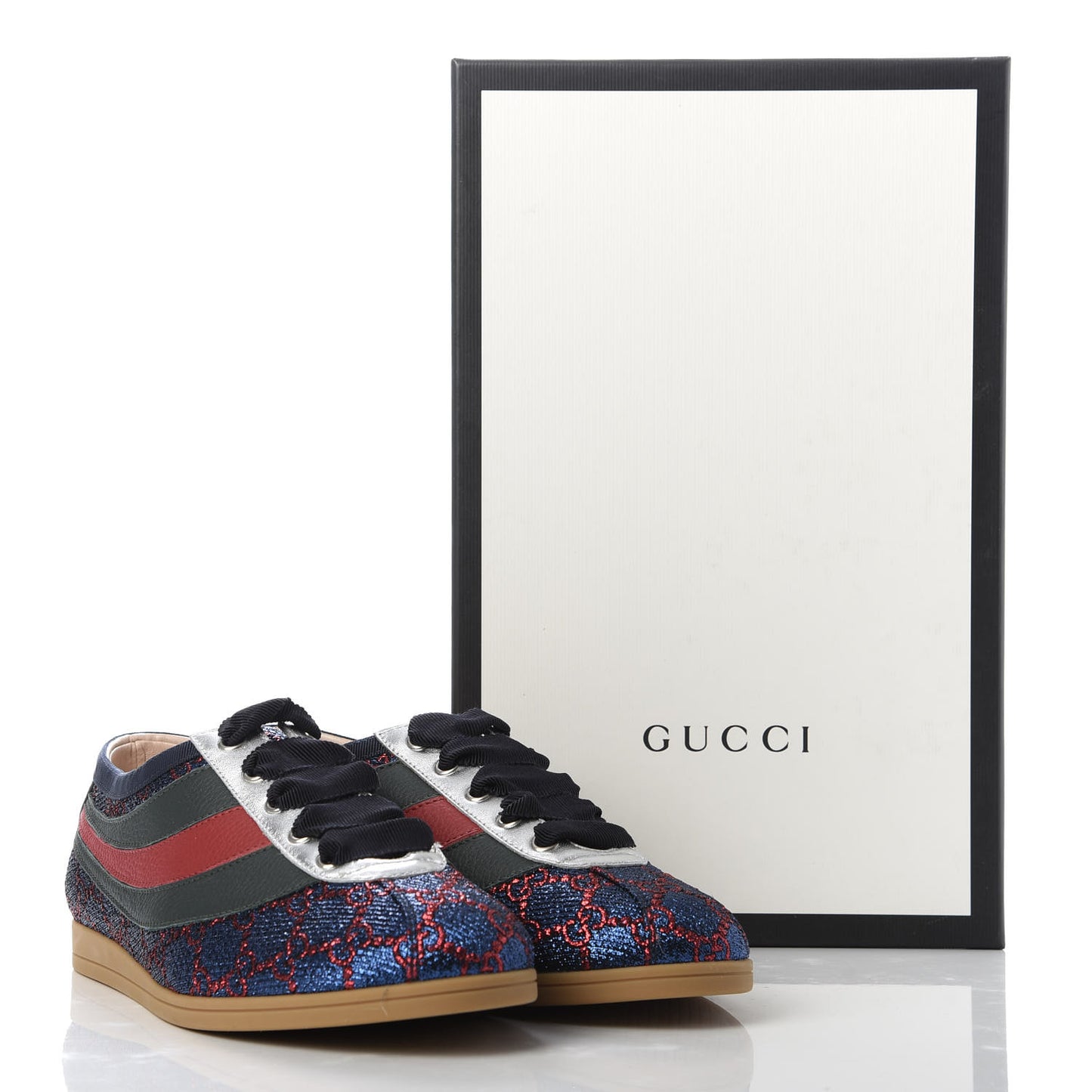 Lurex Calfskin Web GG Monogram Womens Falacer Sneakers 38.5 Iridescent Blue Iridescent Red Silver