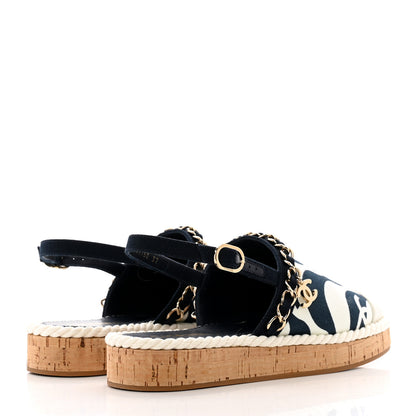 Chanel Lambskin Cotton Cork Printed Cap Toe Chain Mules Sandals 37 Navy White 4 of 9