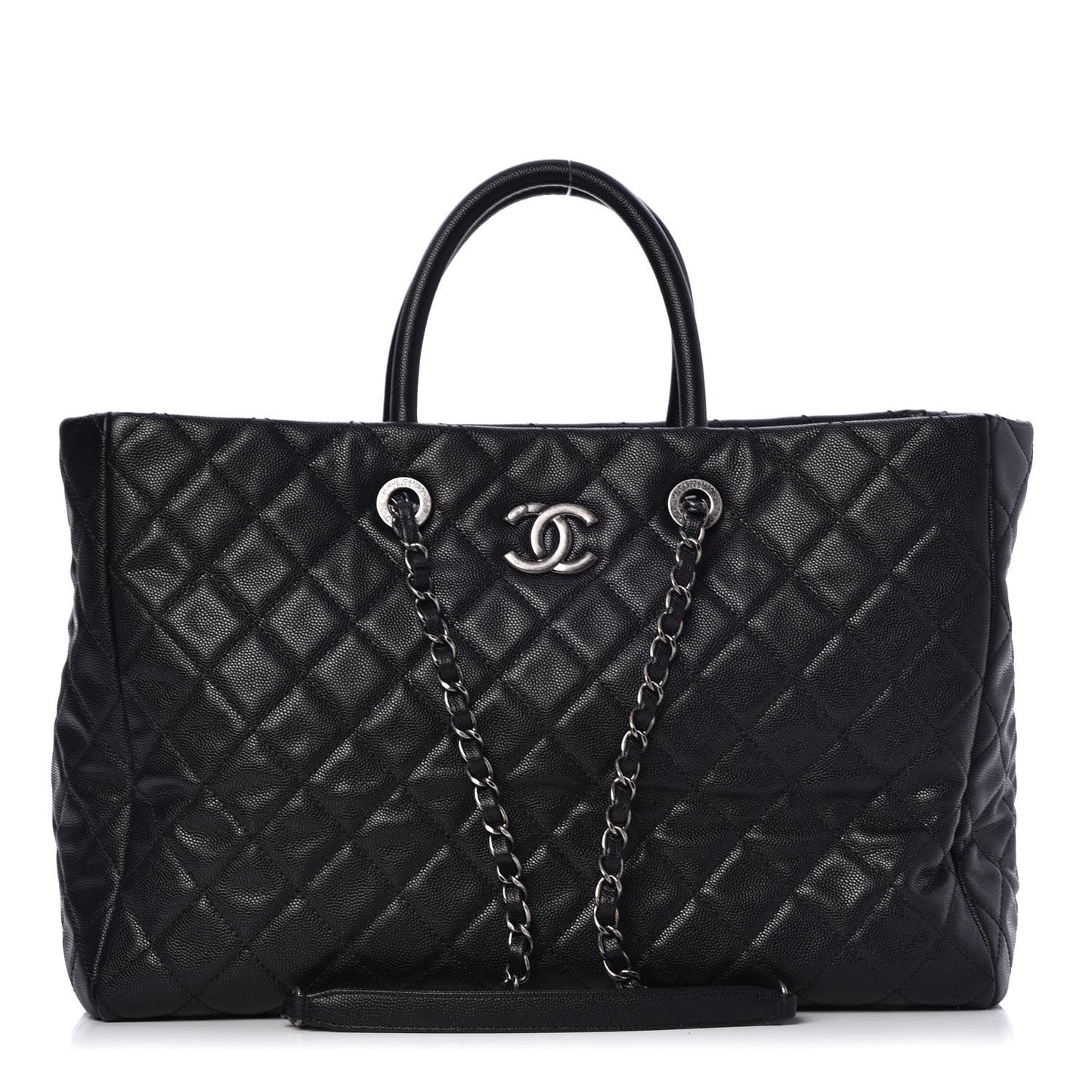 Caviar Quilted Large Coco Handle Shopping Tote Black
