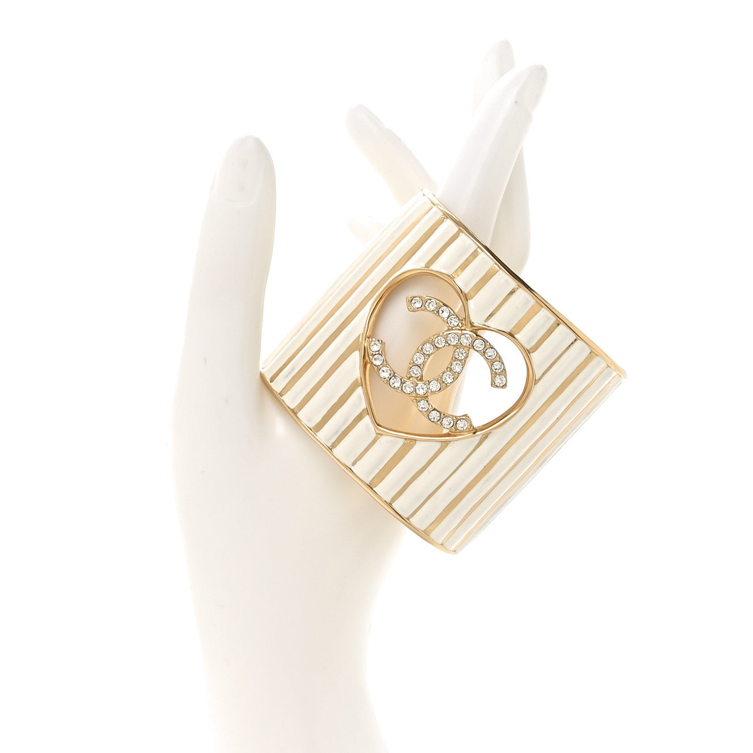 Chanel Crystal Heart CC Cuff Bracelet S Gold White 2 of 5
