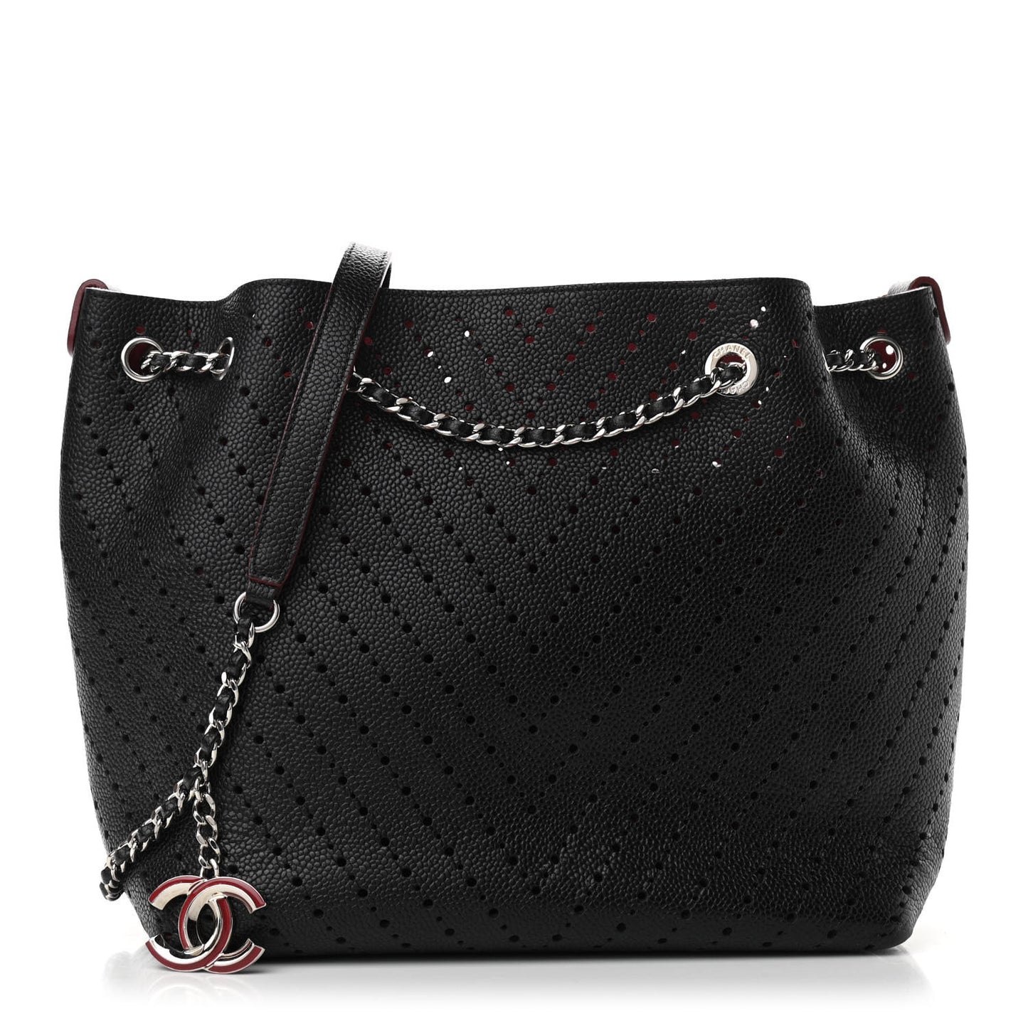 Caviar Perforated Drawstring CC Bag Black Burgundy
