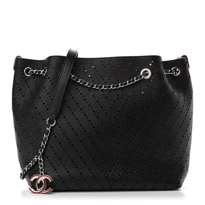 Chanel Caviar Perforated Drawstring CC Bag Black Burgundy 3 of 11