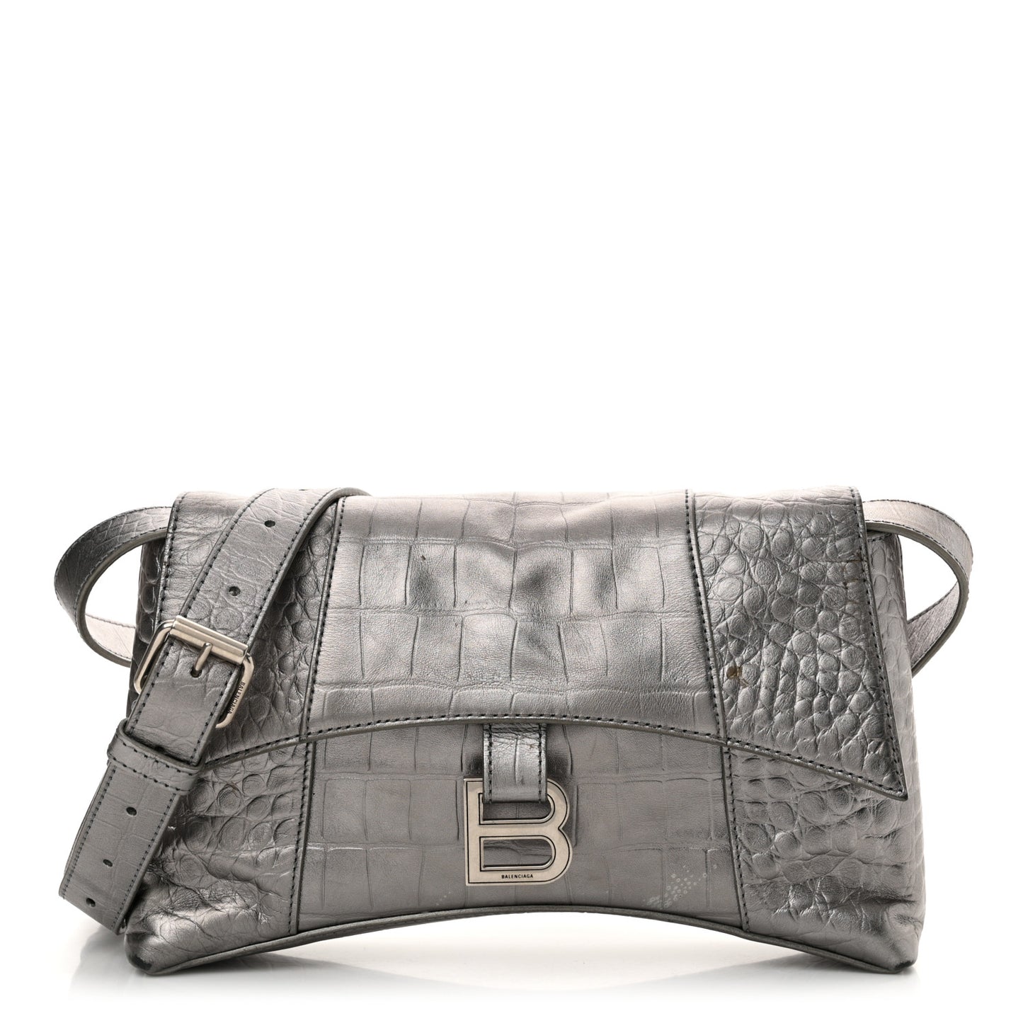 Metallic Calfskin Crocodile Embossed XS Downtown Shoulder Bag Silver