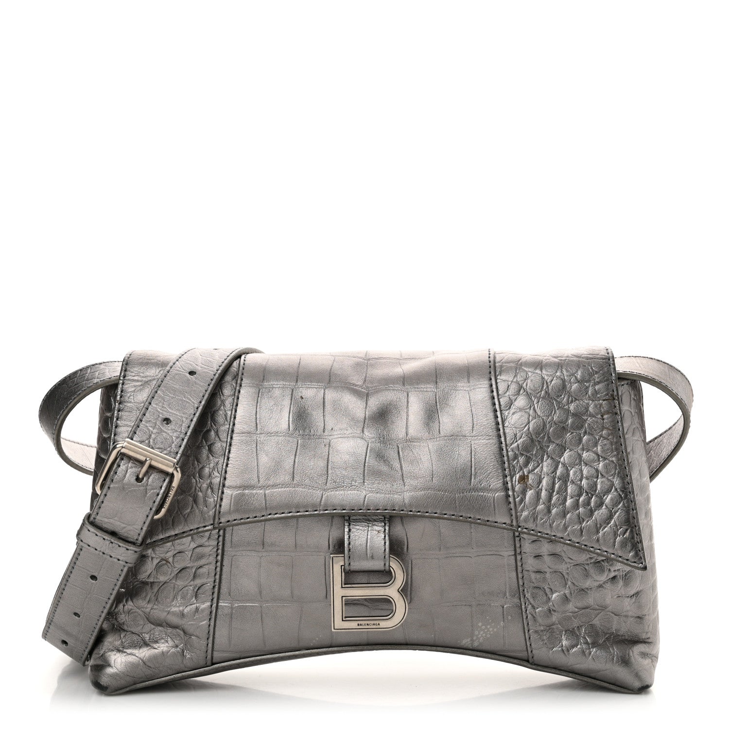 Balenciaga Metallic Calfskin Crocodile Embossed XS Downtown Shoulder Bag Silver 1 of 15